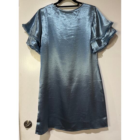 S'EDGE Easton Dress Metallic Blue Sateen Size Small NWT Tiered Short Sleeves - Picture 10 of 15
